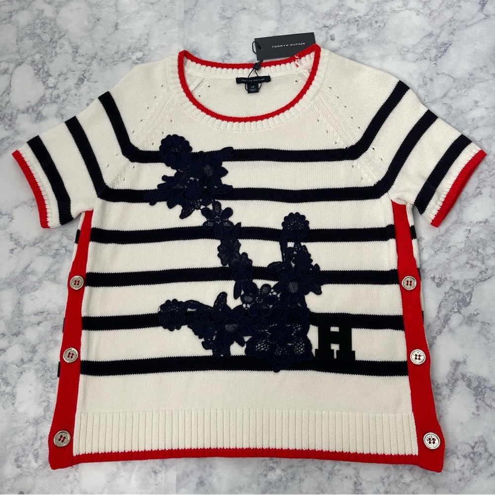 NEW! TOMMY HILFIGER Jeans Gigi Ivory Navy Red Stripe Nautical Sweater Top Shirt